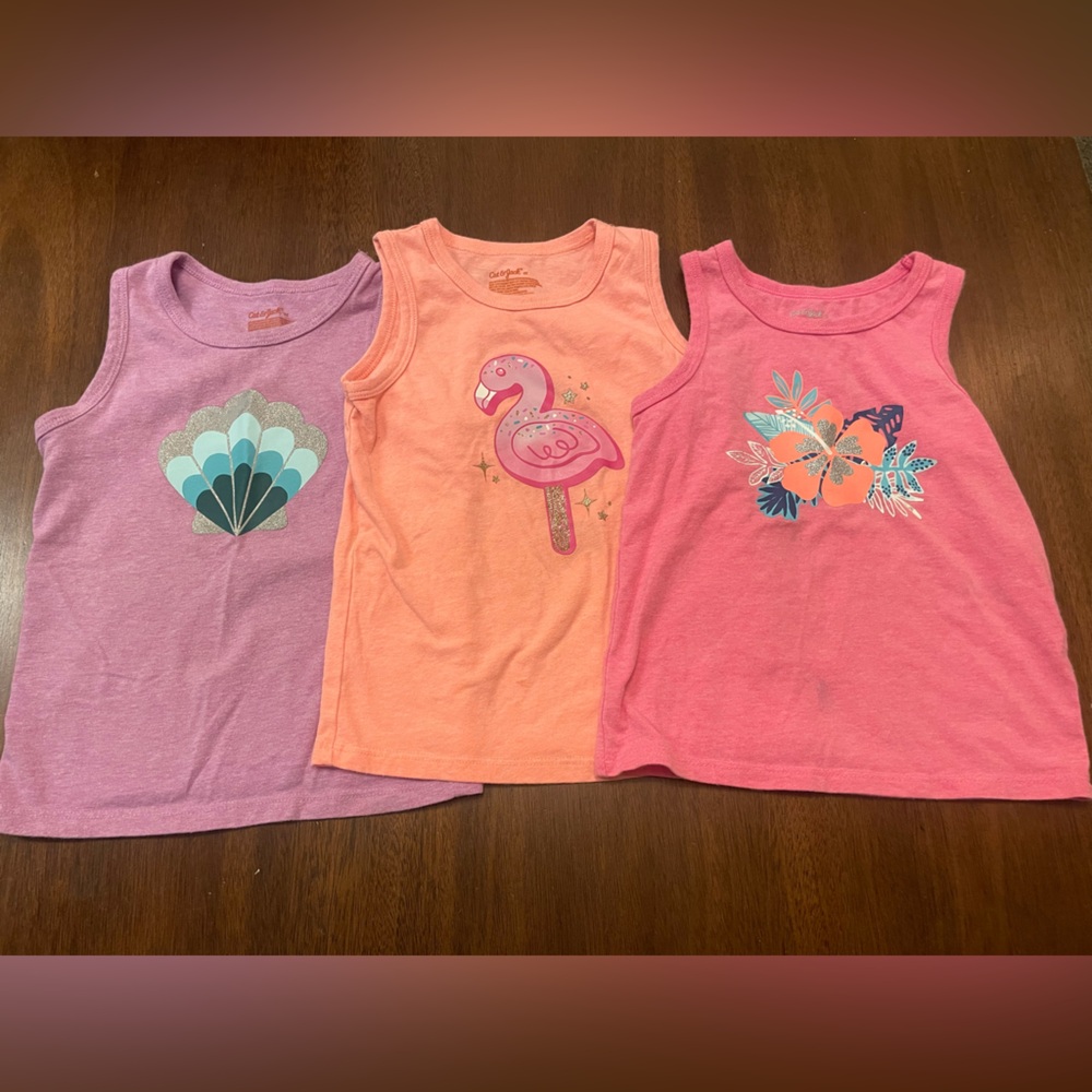 Cat & Jack Girls Tank Top Bundle Summer Flamingo Floral Shell Shirts Lot of 3